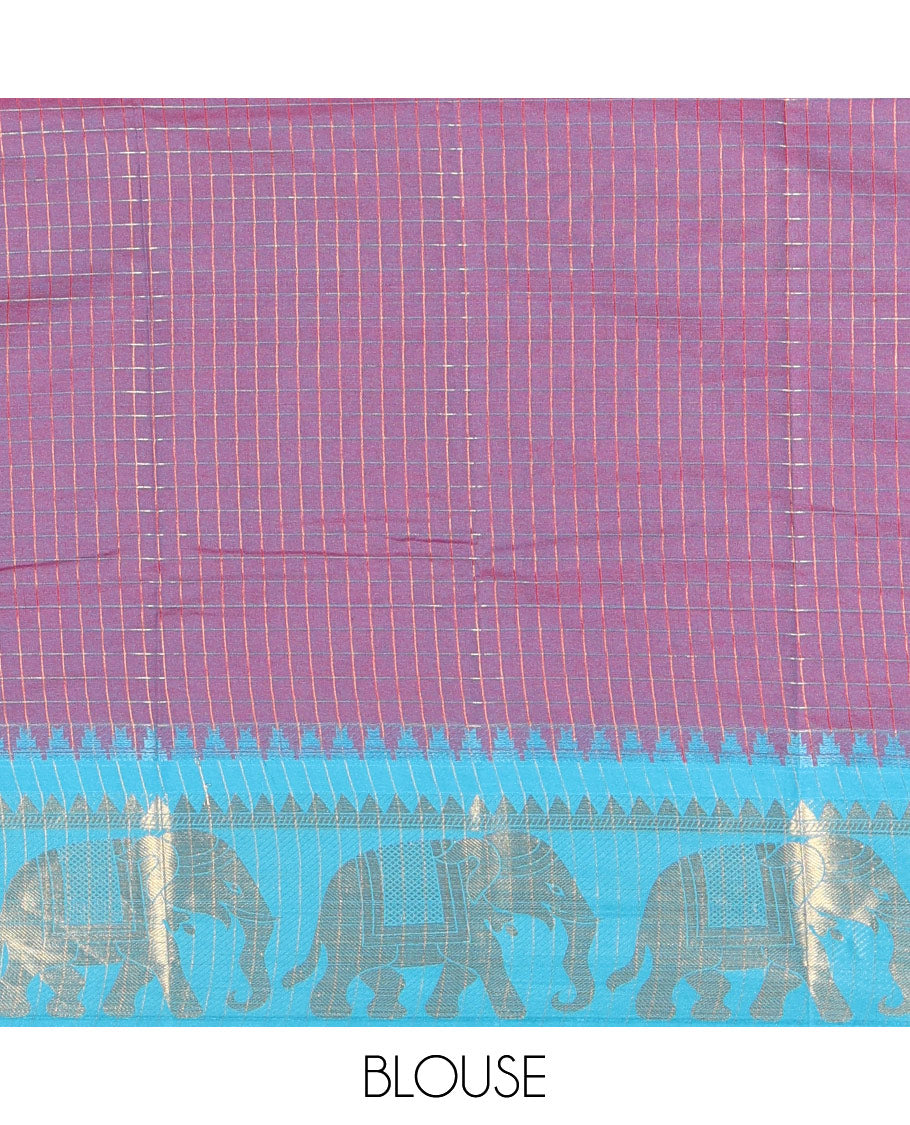 Purple zari checked semi-taffeta saree, contrast satin temple border of elephant motifs, striped pallu, and a contrast striped blouse
