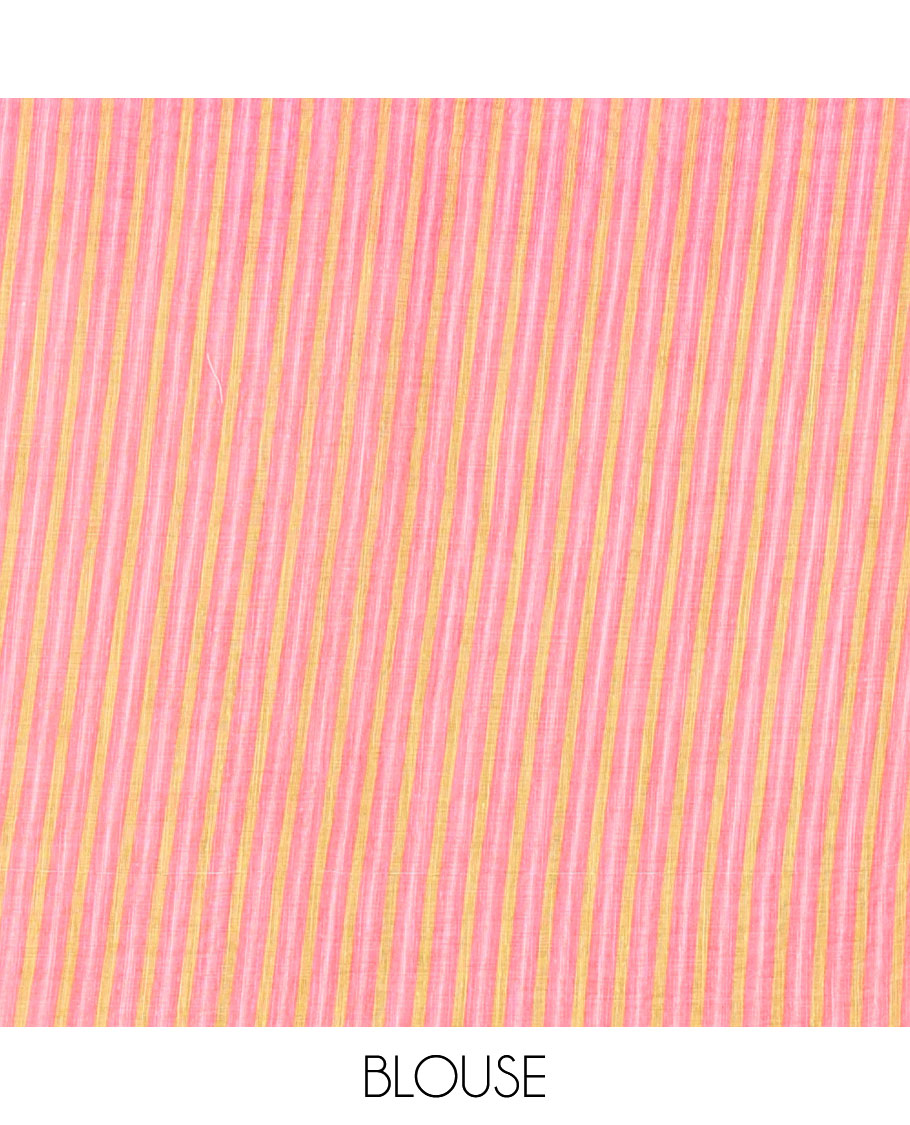 Lemon yellow small thread buttas linen cotton saree, contrast temple zari piping border, striped pallu and a contrast blouse