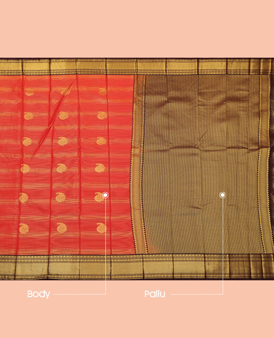 Red Budget Silk Saree, Richly Detailed with Zari Buttas and Stripes, Complemented by Contrast Traditional Border, Grand Pallu and a Contrast Blouse