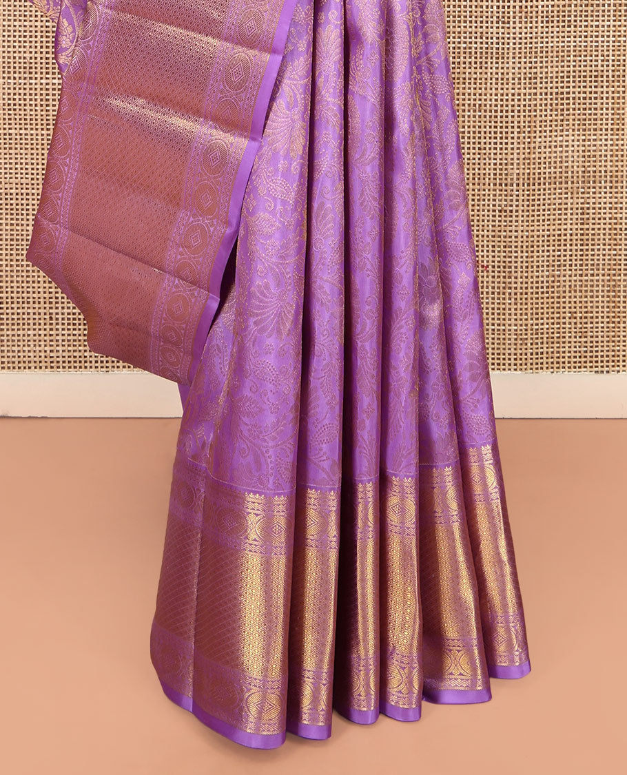 Lavender Kanchipuram Wedding Silk Saree, Decorated with Jacquard Design, a Zari Border of Neli, Poun, and Mayil Kann Designs, Jaal Pallu, and a Matching Blouse
