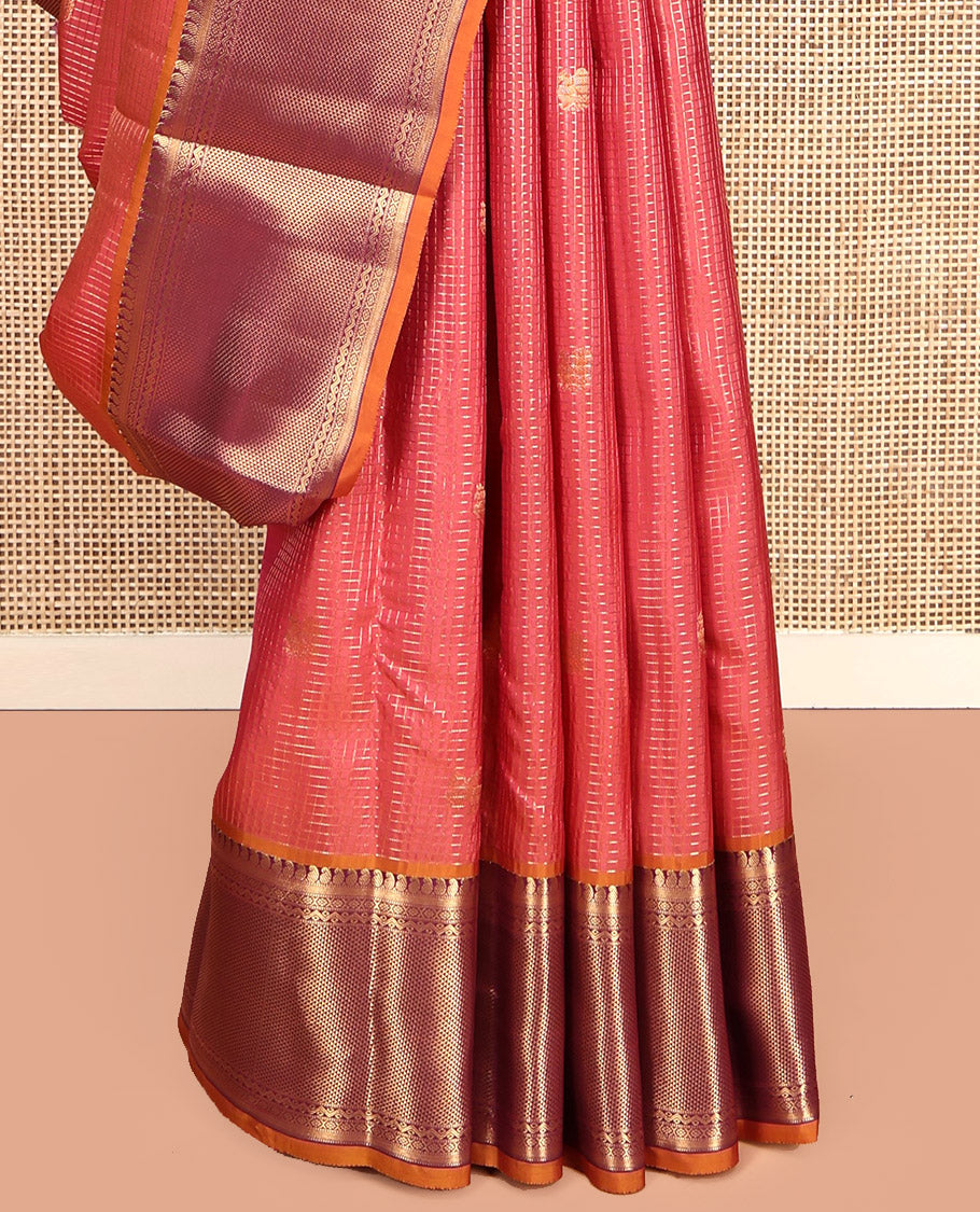 Peach Vasundhara Lite Silk Mix Saree, Featuring Kuthirai Buttas and Checks, Contrast Border of Manga, Muthu, Cross Kamalam, Neli, and Ara Maadam, Grand Pallu, and a Contrast Blouse