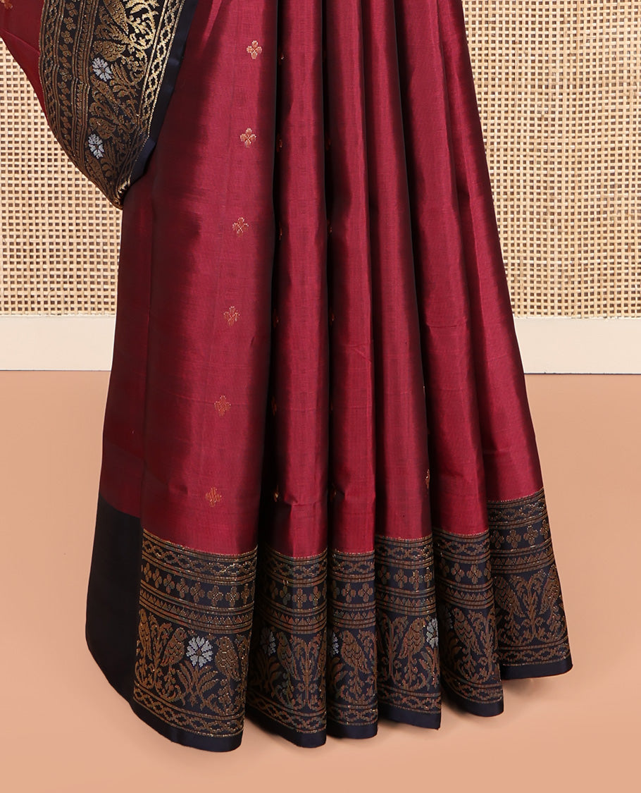 Red Mayuri Soft Silk Saree, Adorned with Zari Buttas, Complemented by a Contrast Floral-Bird Border, Pallu of Floral Design, and a Contrast Blouse