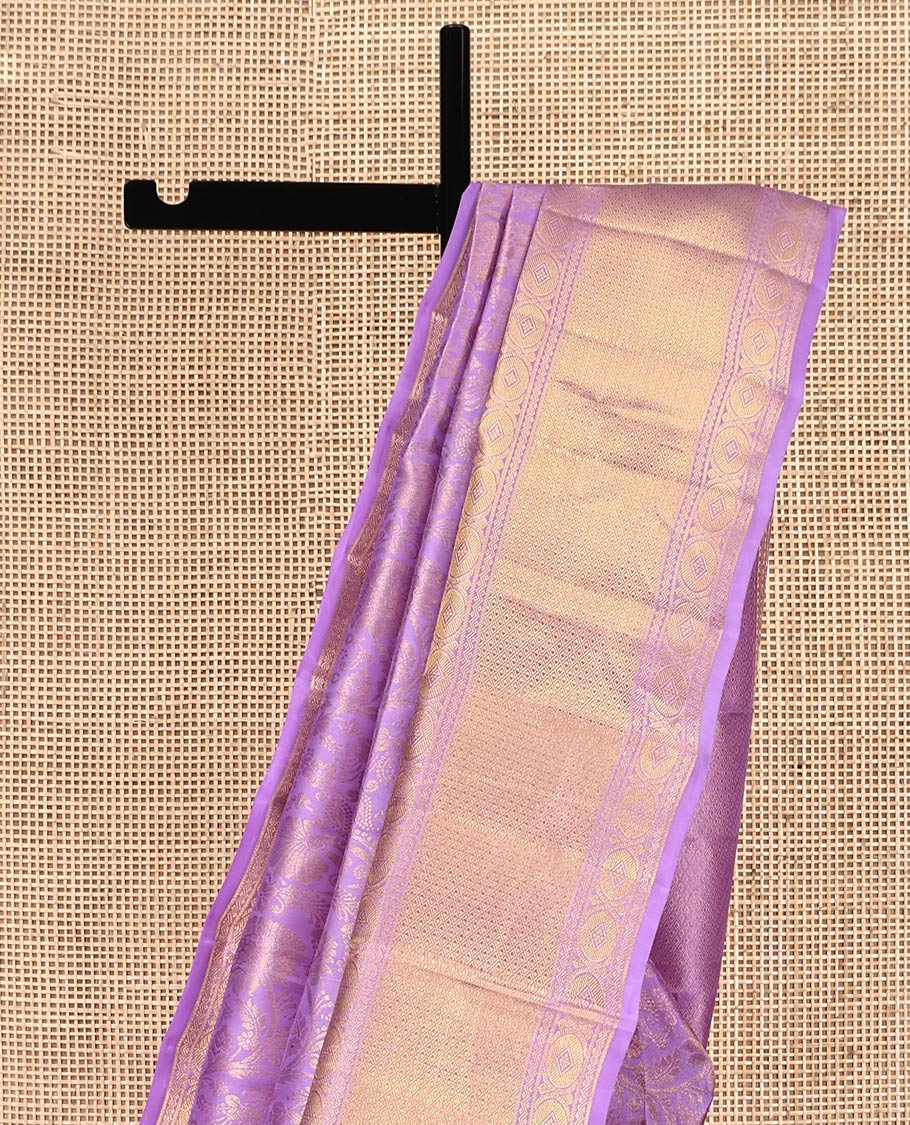 Lavender Kanchipuram Wedding Silk Saree, Decorated with Jacquard Design, a Zari Border of Neli, Poun, and Mayil Kann Designs, Jaal Pallu, and a Matching Blouse