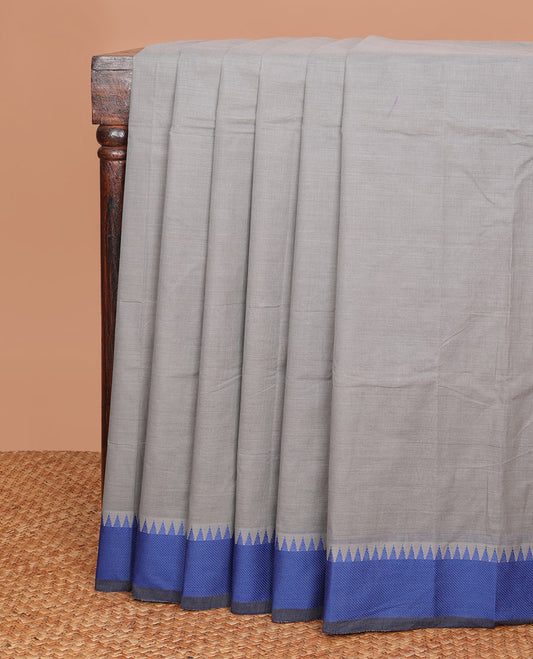 Grey plain Chettinad cotton saree, contrast thread-woven temple border & pallu of stripes