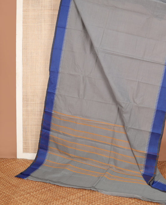 Grey plain Chettinad cotton saree, contrast thread-woven temple border & pallu of stripes