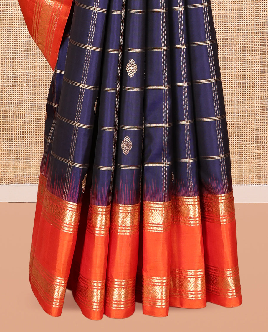 Blue Kanchipuram Silk Saree, Gleamed Up with Butta Enclosed Checks, Complemented by a Contrast Rettai Pettu Zari Border, Grand Pallu, and a Contrast Blouse