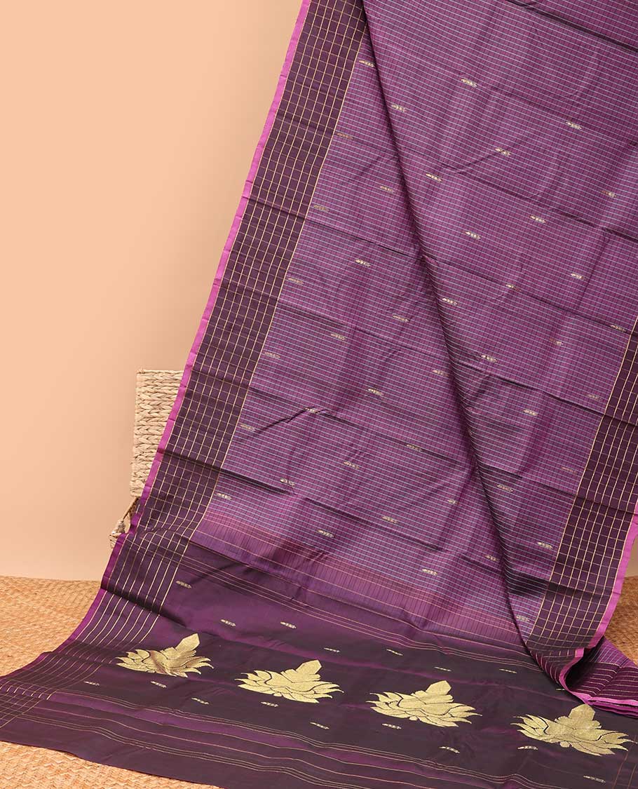 Purple checked, floral kancheepuram silk saree with contrast striped border & striped ,floral design pallu