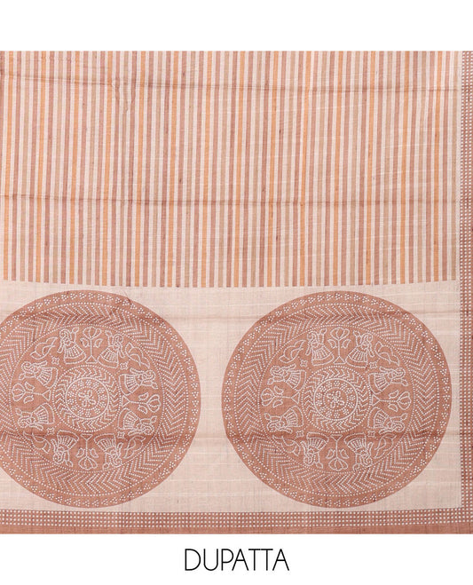 Mustard semi-tussar material chudidar set, stripes & bandhani-style dotted motifs printed top & dupatta with heathered bottom