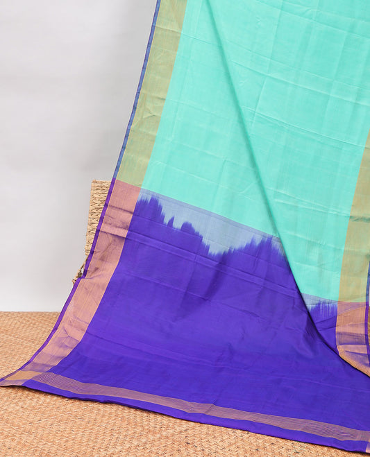 Blue uppada silk saree with contrast plain border & striped pallu