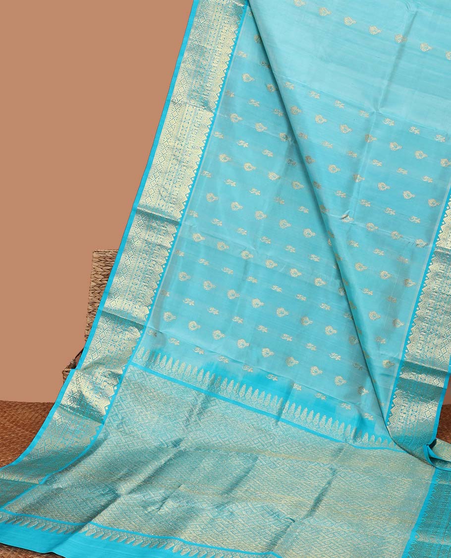 Blue Floral motifs vengatagiri pure silk saree , contrast traditional border & argyle design pallu