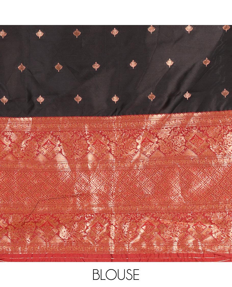 Black taffeta silk half saree, zari buttas with contrast red traditional zari border, matching zari blouse, and contrast plain zari border dhavani
