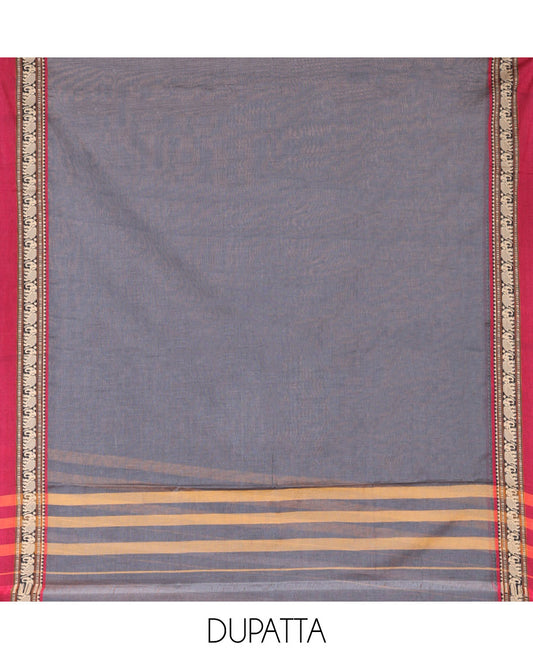 Grey Mercerised Cotton Material Churidar Set, Subtly Woven Plain with Contrast Traditional Elephant Motif Bordered Top, a Plain Santoon Bottom, and Paired with a Mercerised Cotton Dupatta