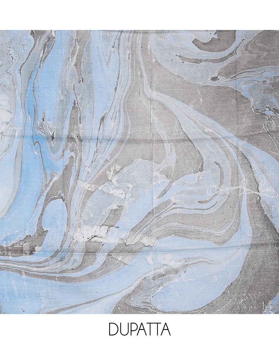 Blue semi-jute cotton material churidar set, abstract marble print top, abstract marble print bottom, and abstract marble print dupatta