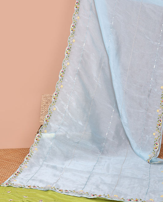 Light blue sequins embroidery organza saree with self floral embroidery, scallop border