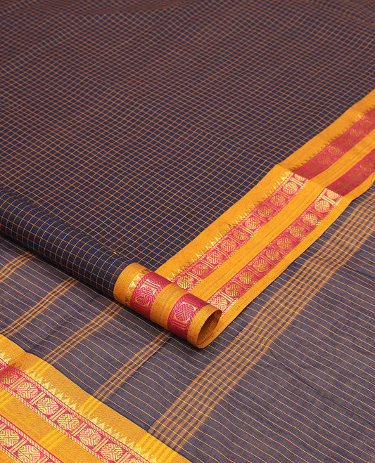 Blue checked nine yards cotton saree with traditional zari design border & checked pallu