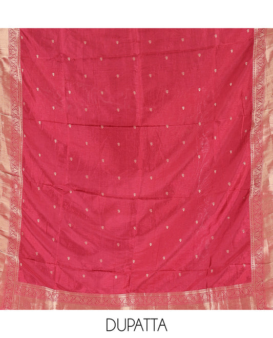 Red Semi-Silk Material Churidar Features Zari Buttas Woven Top, a Santoon Bottom, and Zari Design Dupatta