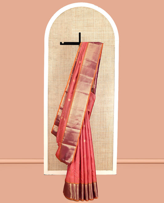 Peach Vasundhara Lite Silk Mix Saree, Featuring Kuthirai Buttas and Checks, Contrast Border of Manga, Muthu, Cross Kamalam, Neli, and Ara Maadam, Grand Pallu, and a Contrast Blouse