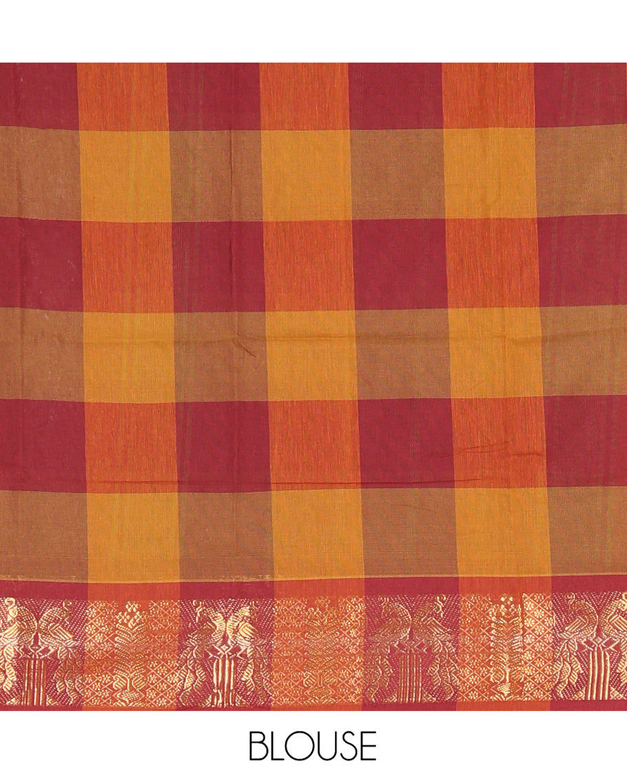 Fawn-Maroon Chettinad Cotton Half Saree Features Checked Skirt, Peacock Traditional Border, Matching Blouse, Contrast Dhavani
