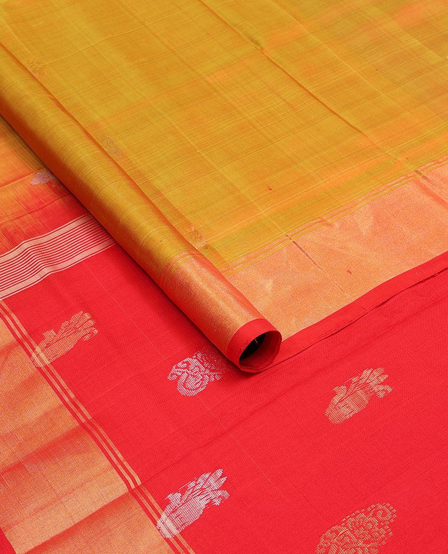 Mustard floral motifs uppada saree with contrast zari design border & striped, floral design pallu