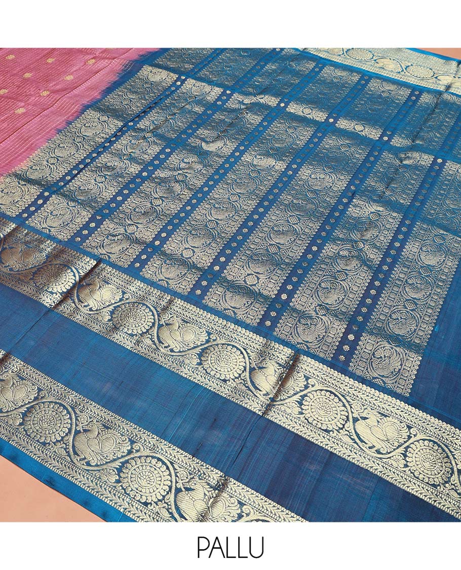 Pink Venkatagiri Silk Saree, Enlivened with Zari Buttas Enclosed Checks All Over Its Body, Complemented by a Contrast Traditional Zari Design Border of Peacock-Chakram Designs, Traditional Design Pallu, and Paired with a Contrast Blouse