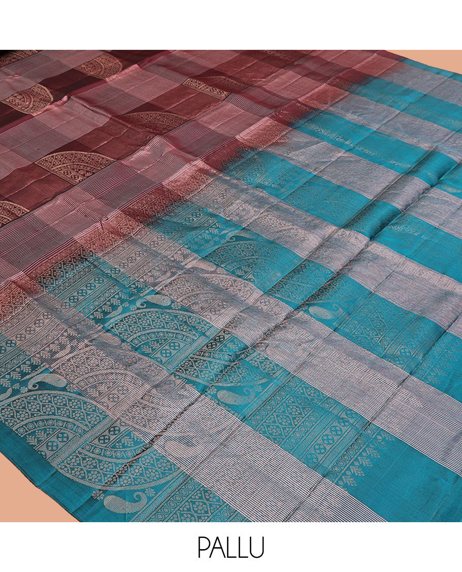 Borderless Maroon Mayuri Lite Silk Mix Saree, Majestically Detailed with Zari Buttas and Checks on Its Body, Complemented by a Contrast Pallu of Intricate Designs, and Paired with a Contrast Blouse