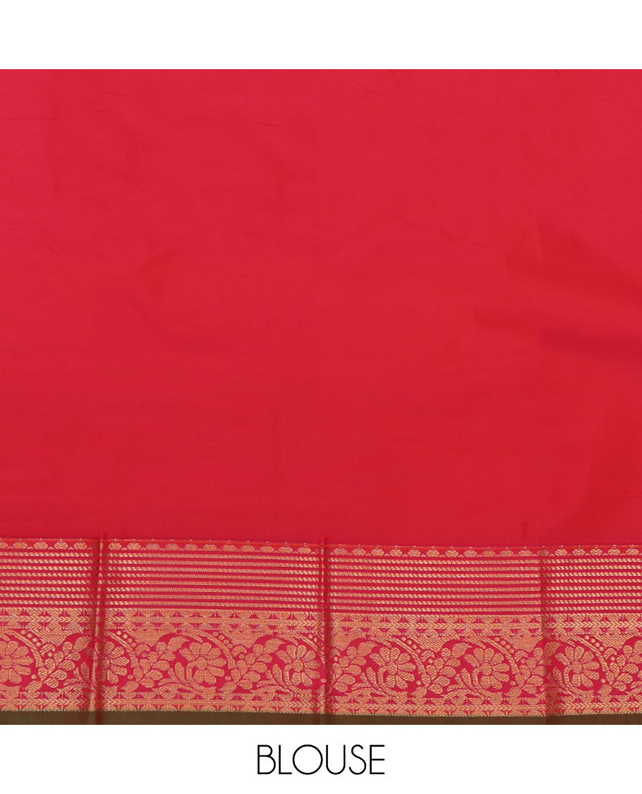 Green Budget Silk Saree, Gleamed Up with Peacock-Chakram Buttas, a Contrast Floral Creeper Border, Intricate Pallu, and a Contrast Blouse