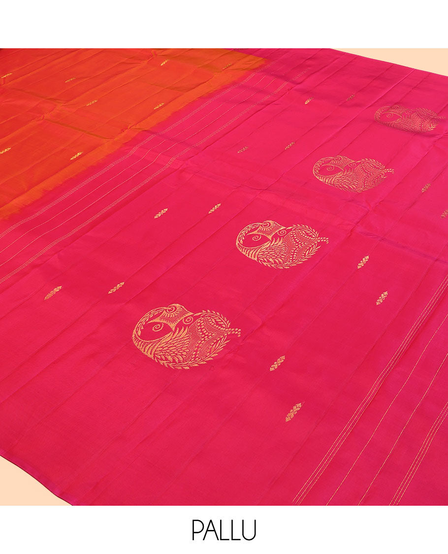 Orange Kanchipuram Silk Saree, Woven with Zari Buttas, Complemented by Contrast Zari Motif Border, Pallu of Zari Design, and a Contrast Blouse