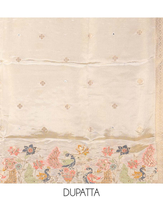 Cream material chudidhar set, embroidered top, plain bottom & floral & peacock print & embroidered dupatta