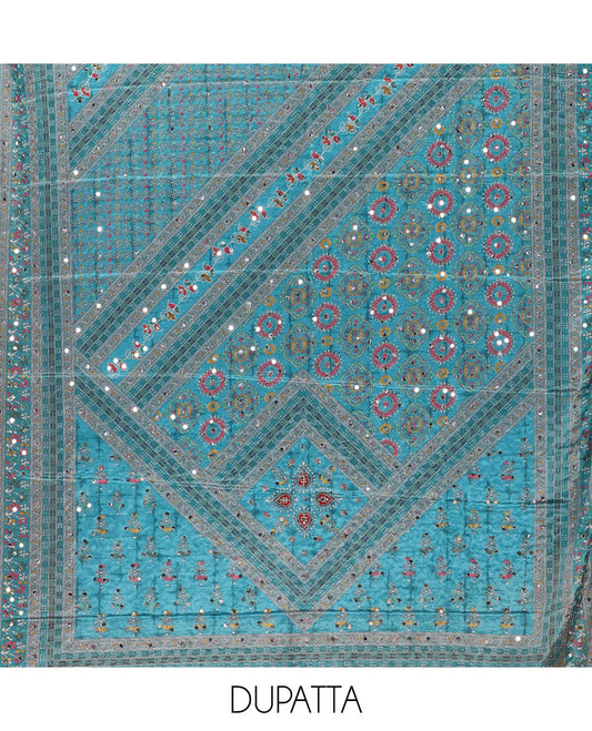 Ananda Blue material chudidar set, floral-theme batik printed with mirror embroidered crepe top, santoon bottom, and Chinon dupatta of print, and mirror embroidery