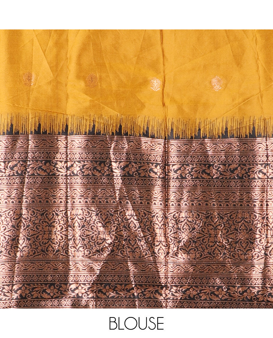 Yellow half-saree, zari buttas with contrast traditional zari bordered skirt, matching blouse and a contrast zari border dhavani