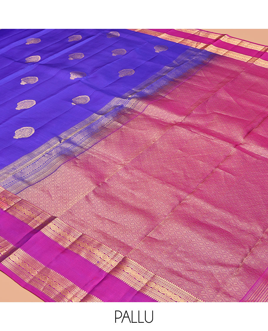 Violet Vasundhara Silk Saree, Embellished with Zari Buttas, a Contrast Traditional Rettai Pettu Zari Border, Grand Pallu, and a Contrast Blouse