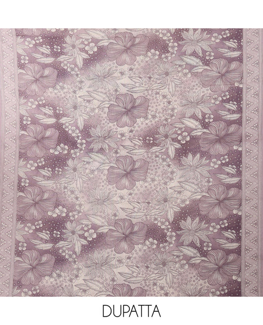 Lavender cotton chudidar material set,floral print & neck sequin embroidery top,stripes printed bottom & floral printed dupatta