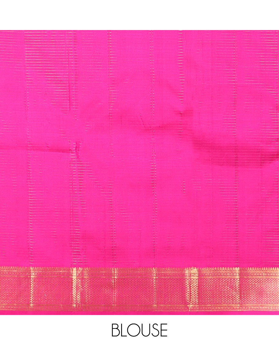 Purple  checked kancheepuram silk saree with contrast argyle design border & striped zari design pallu