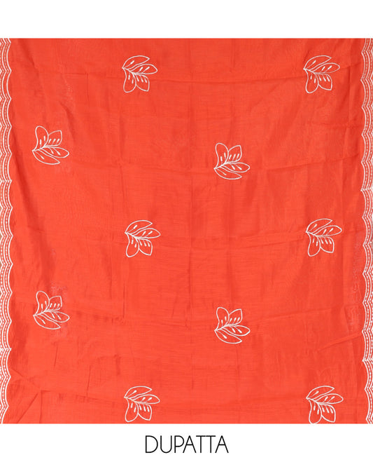 Rust Mul Chanderi Designer Material Chudidar Set, Meticulously Woven with Big Floral Motifs Embroidered On Its Top, A Plain Santoon Bottom, and Paired with a Mul Chanderi Scallop Thread Embroidered Dupatta