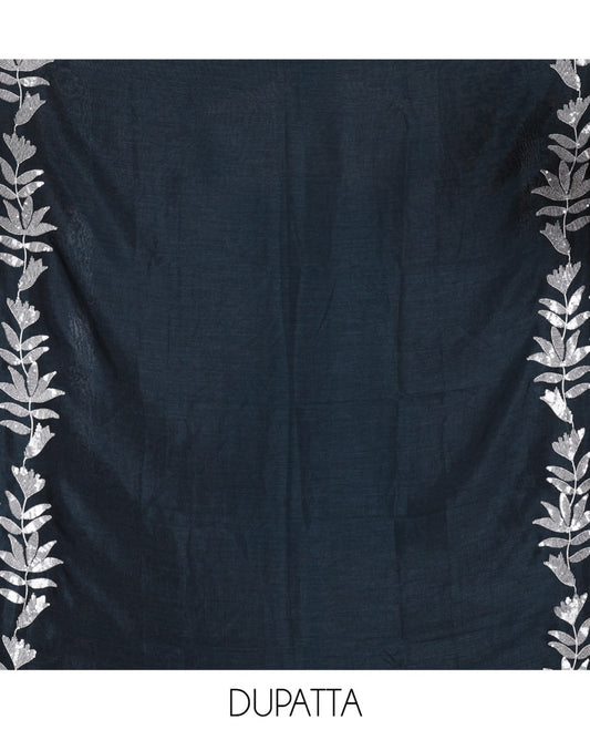 Brown Material Churidar Set, Detailed with Floral Motifs Sequins-Thread Embroidered on Its Vichitra Silk Top, Comes with a Contrast Santoon Bottom, and Paired with a Vichitra Silk Floral Embroidered Scallop Dupatta