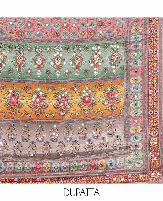 shifli lucknowi embroidery mango design georgette chudidhar material top with american crepe pant & floral digital print, sequins embroider dupatta