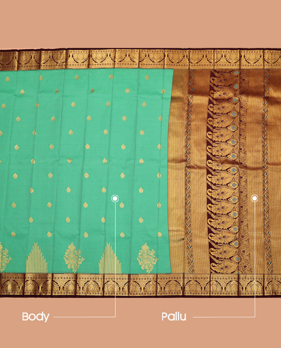 Green Budget Silk Saree, Mesmerized with Zari Buttas, a Contrast Traditional Zari Border, Grand Pallu, and a Contrast Blouse