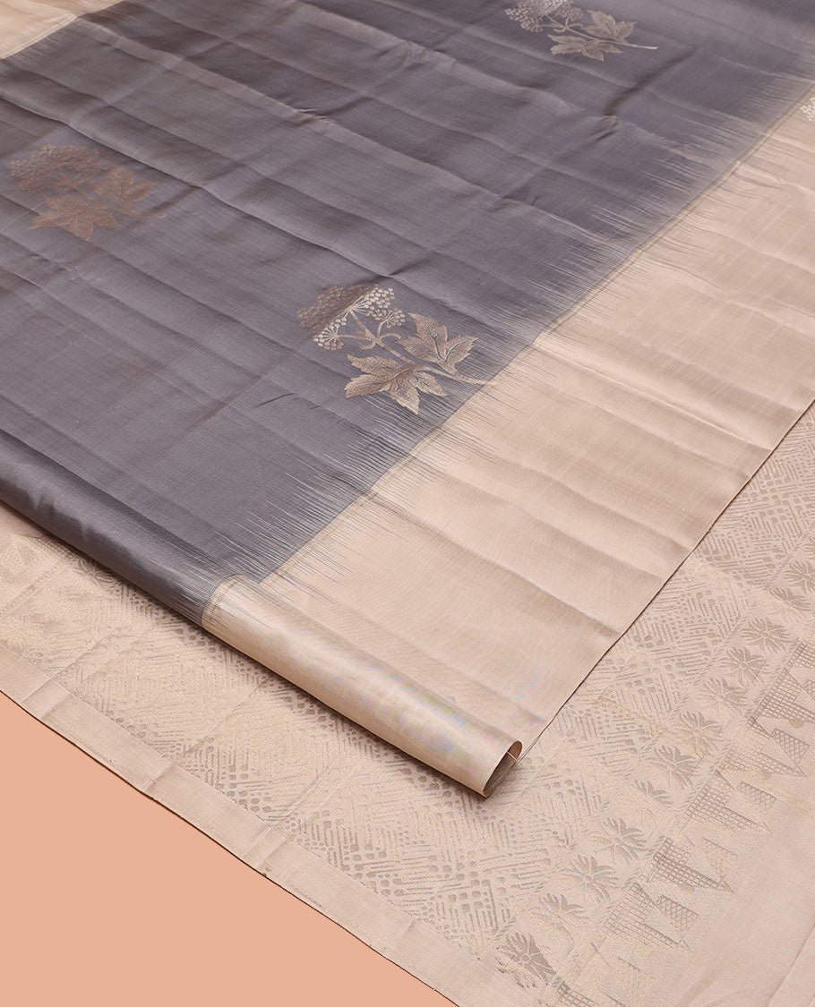 Grey Mayuri Soft Silk Saree, Elevated with Zari Buttas All Over Its Body, Complemented by Contrast Border, Intricately Designed Pallu, and Paired with a Contrast Blouse
