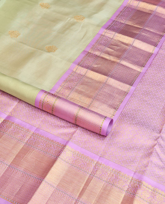 Mint green buttas silk saree with contrast design border of thilakam mokku, banaras, mayil kann design & floral jaal design pallu