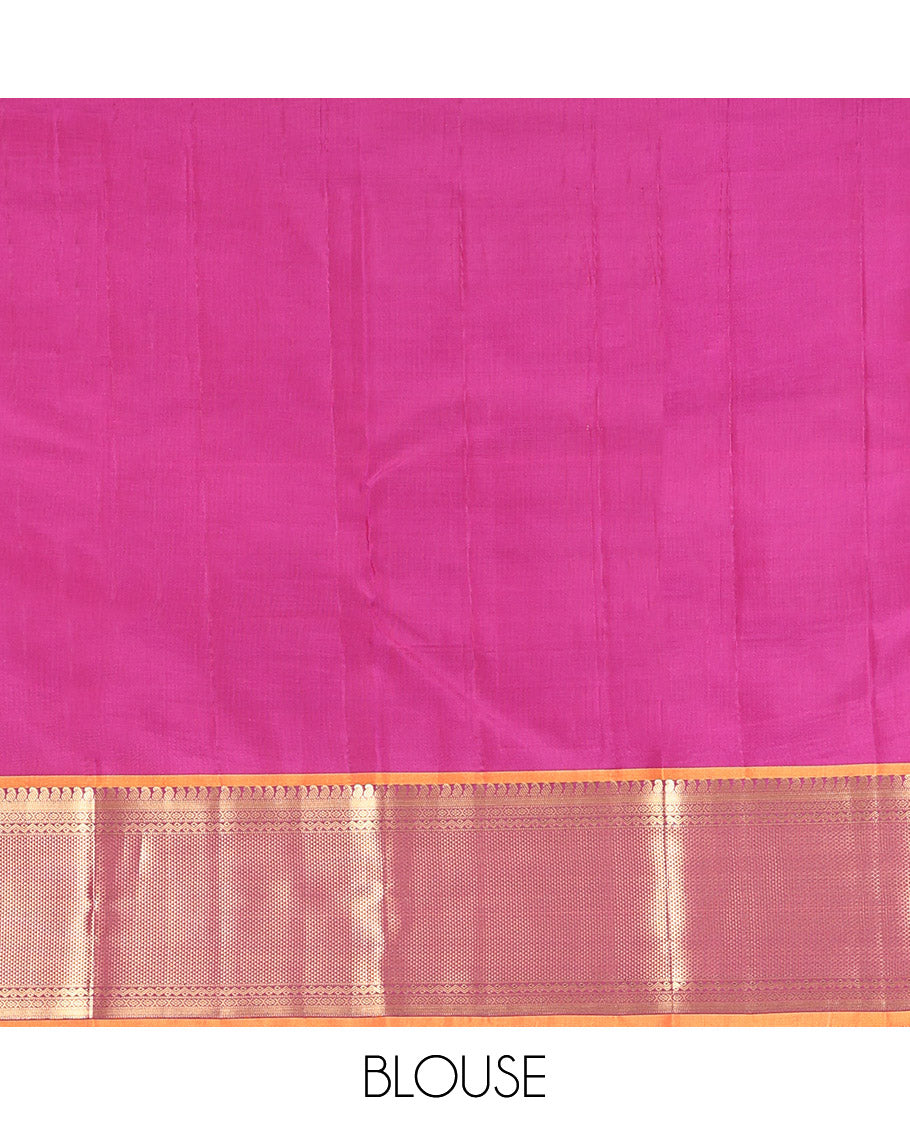 Peach Vasundhara Lite Silk Mix Saree, Featuring Kuthirai Buttas and Checks, Contrast Border of Manga, Muthu, Cross Kamalam, Neli, and Ara Maadam, Grand Pallu, and a Contrast Blouse