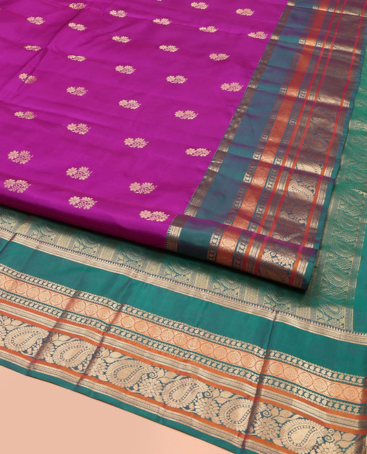 Rani Pink Vasundhara Lite Silk Mix Saree,Adorned with Floral Zari Buttas, Complemented by a Contrast Rettai Pettu Border of Rekku, Diamond, Manga, Neli, Chakram, Banaras, and Arumbu Manga Designs, Gandly Zari-Woven Pallu, and Paired with a Contrast Blouse