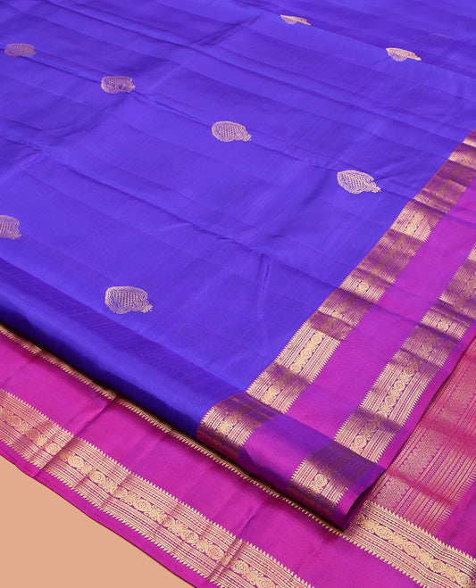 Violet Vasundhara Silk Saree, Embellished with Zari Buttas, a Contrast Traditional Rettai Pettu Zari Border, Grand Pallu, and a Contrast Blouse