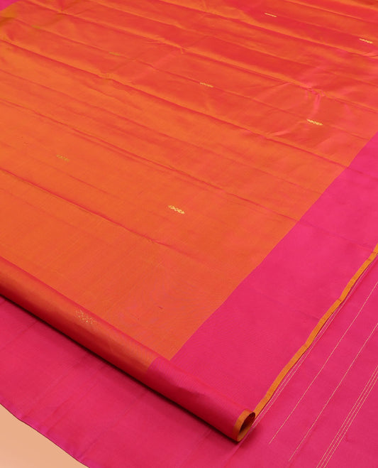 Orange Kanchipuram Silk Saree, Woven with Zari Buttas, Complemented by Contrast Zari Motif Border, Pallu of Zari Design, and a Contrast Blouse