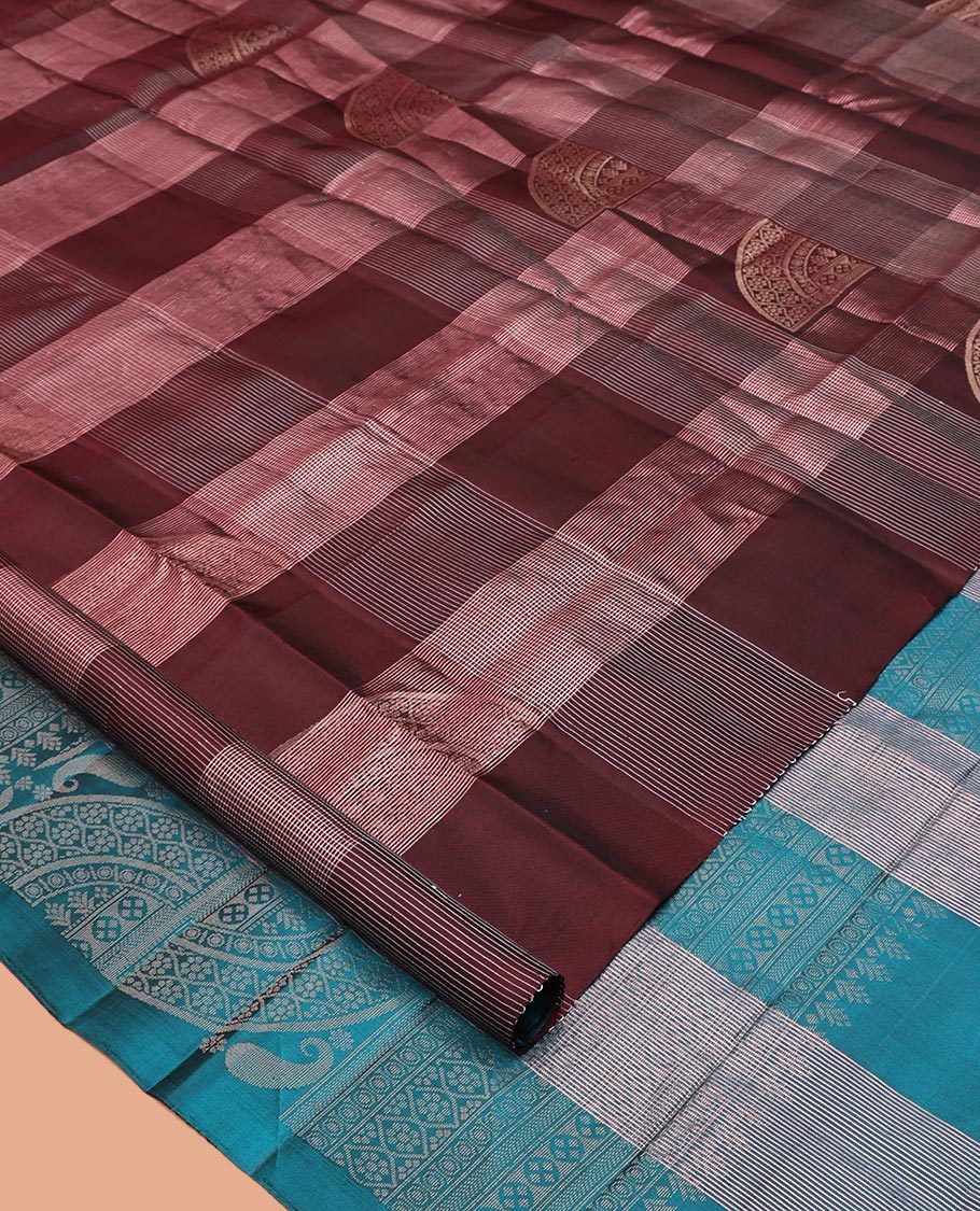 Borderless Maroon Mayuri Lite Silk Mix Saree, Majestically Detailed with Zari Buttas and Checks on Its Body, Complemented by a Contrast Pallu of Intricate Designs, and Paired with a Contrast Blouse