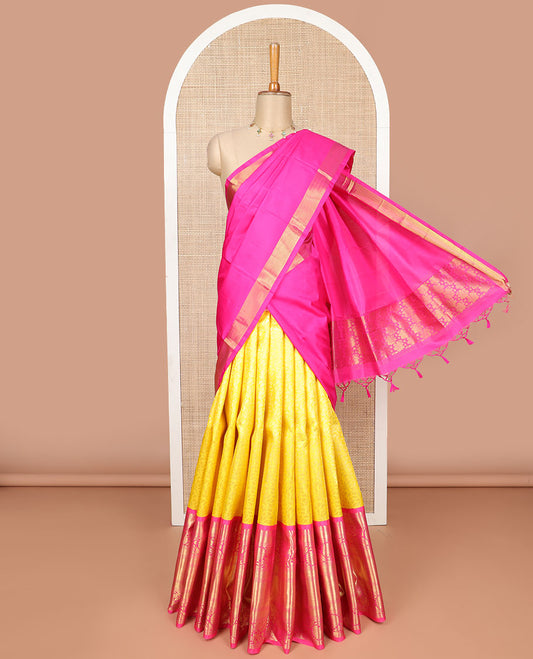 Yellow floral vine design silk half saree with contrast border of thilakam mokku, muthu, kathir, kuyil kann, kodi visiry design, zari design blouse & floral design dhavani