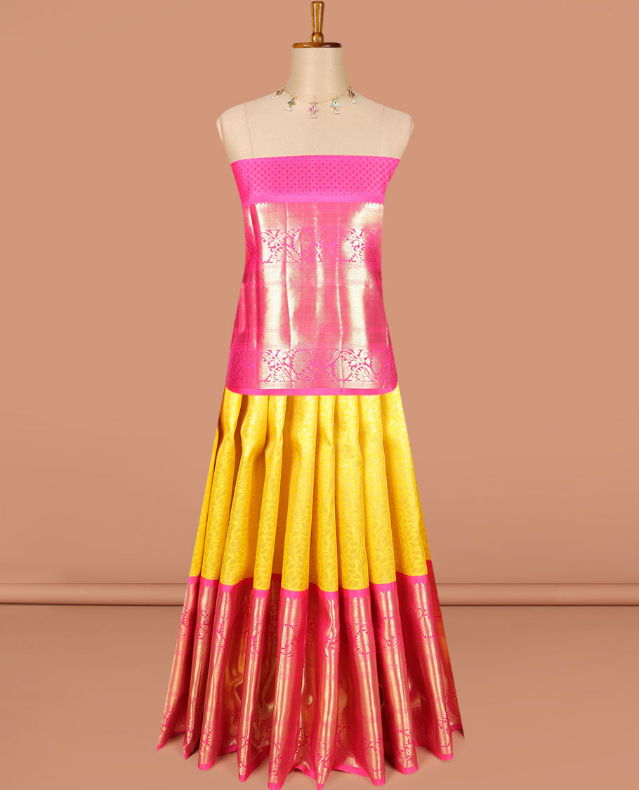 Yellow floral vine design silk half saree with contrast border of thilakam mokku, muthu, kathir, kuyil kann, kodi visiry design, zari design blouse & floral design dhavani