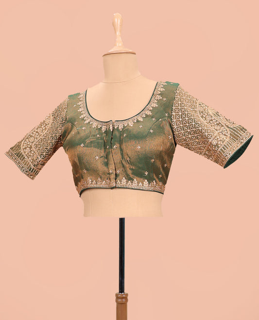Green embroidered round neck with elbow sleeve shimmer blouse