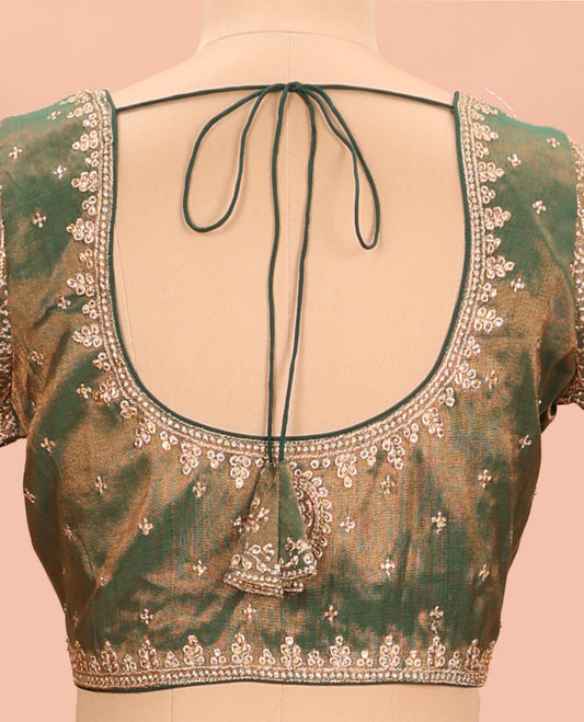 Green embroidered round neck with elbow sleeve shimmer blouse