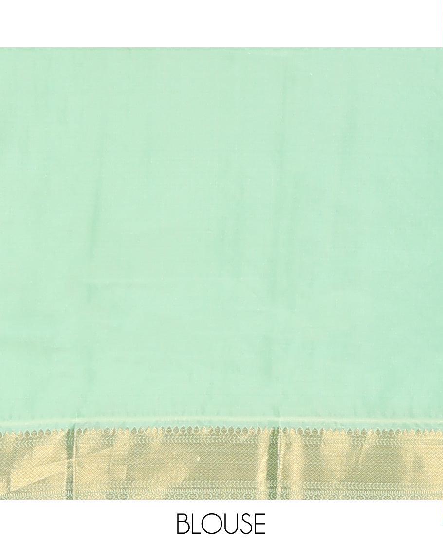 Red zari buttas Vasundhara silk mix saree, contrast border of thilakam, kathir, mayil kann, kathir, kamalam, and banaras, and peacock feather motifs pallu