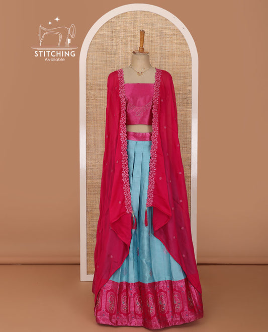 Blue lehenga set, embossed & zari buttas with contrast Mughal motifs stone work border skirt, jacquard embroidered blouse & floral embroidered scallop border dhavani with belt